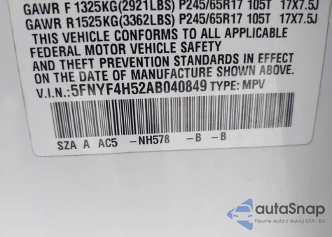 2010 Honda Pilot Ex-L from USA, damaged, VIN 5FNYF4H52AB040849
